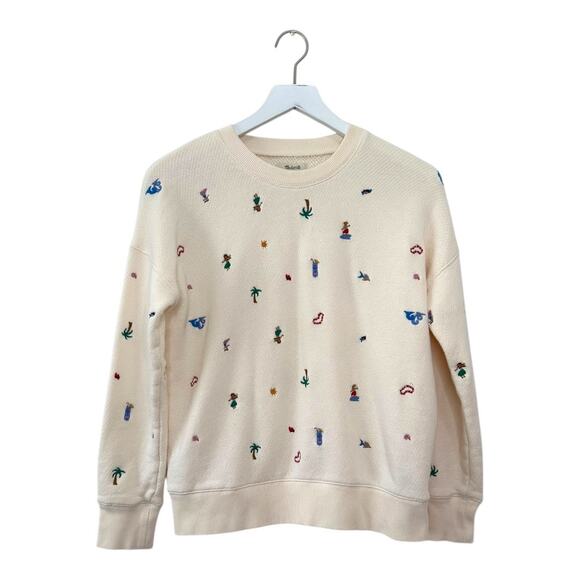 Madewell Sweaters - Madewell Embroidered Beach Scene Cream Cotton Sweater Size Small